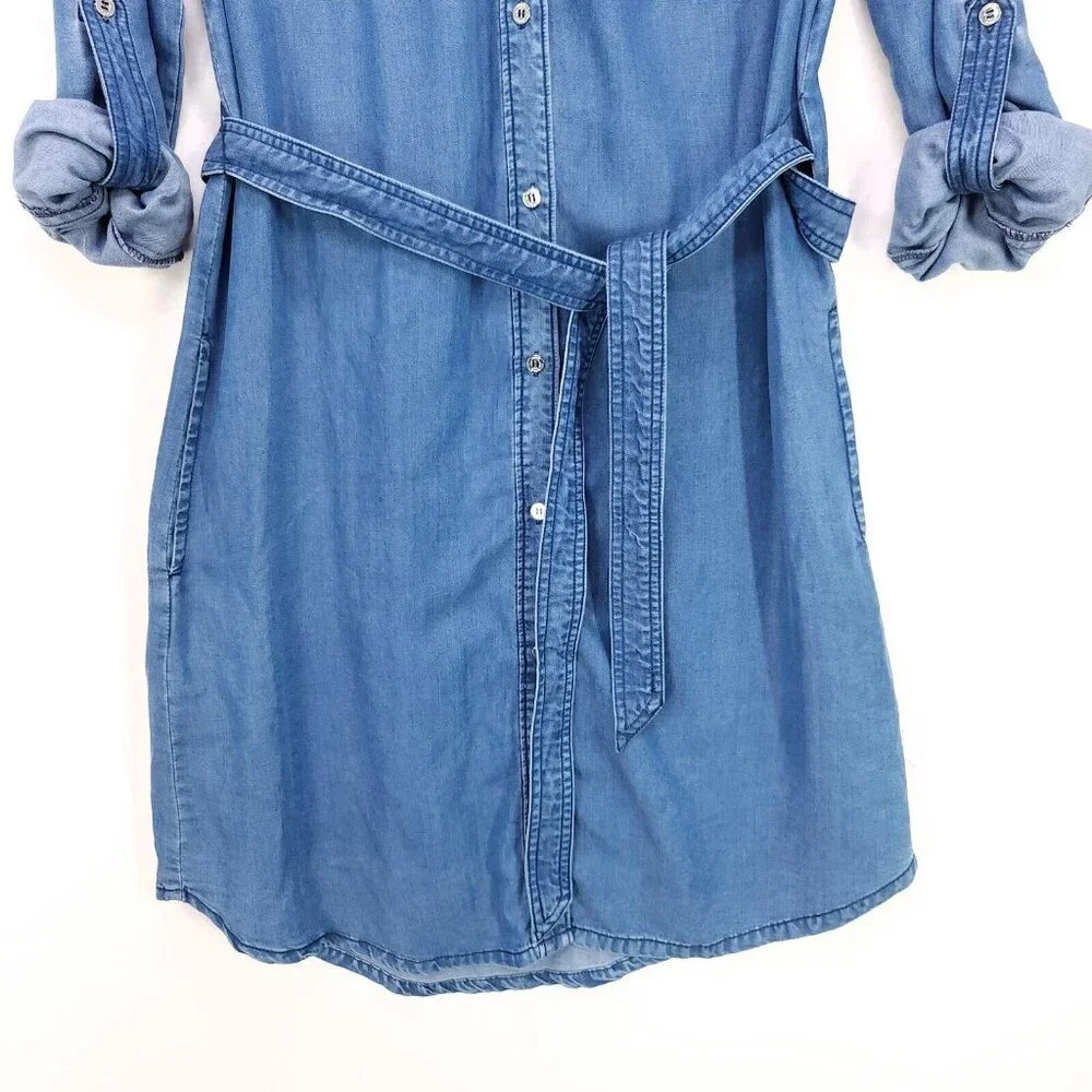 Bebe Denim Shirt Dress Belted Sheath Small Button Up Pockets Long Roll Sleeve - Picture 5 of 12